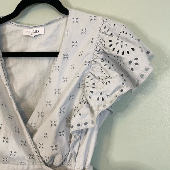 INTERMIX Blouse 4 Lilian Surplice Eyelet Flutter Sleeve Wrap Top Cotton Blue - Picture 4 of 11